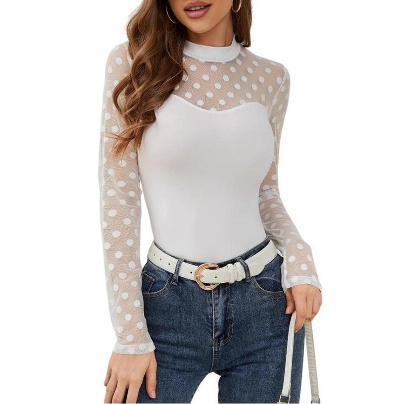上半身大きさ レディース トップス プルオーバー 点点柄 モックネック 点点 メッシュ シアー トップ BODDYSIZE Women\u0027s Casual Wear Polka Dot Mesh Mock Neck Blouse Top Long Sheer Sleevesweetheart Bodice White 白いこと