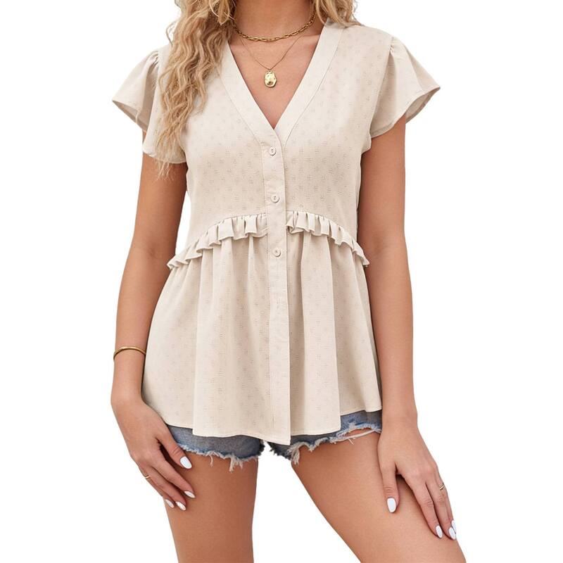 エリート肝ったま レディース トップス プルオーバー Vのど首 フラウンス トップ EliteSpirit Women\u0027s V Neck Ruffle Sleeve Blouse Casual Flowy Babydoll Shirt for Summer Apricot 杏