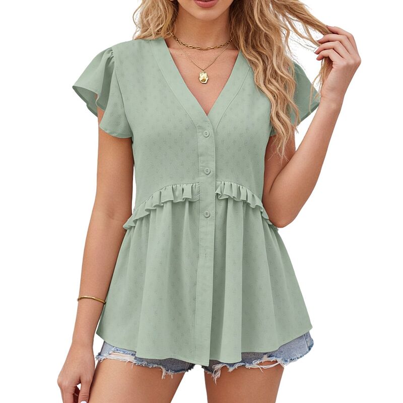 エリート肝ったま レディース トップス プルオーバー Vのど首 フラウンス トップ EliteSpirit Women\u0027s V Neck Ruffle Sleeve Blouse Casual Flowy Babydoll Shirt for Summer Green 緑であること