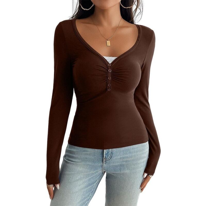 エリートチョイス レディース トップス プルオーバー Vのど首 ギャザー Elitechoice Women Y2k Long Sleeve Shirts V Neck Front Ruched Button Tops Low Cut Fitted T-Shirt Brown 赤銅色