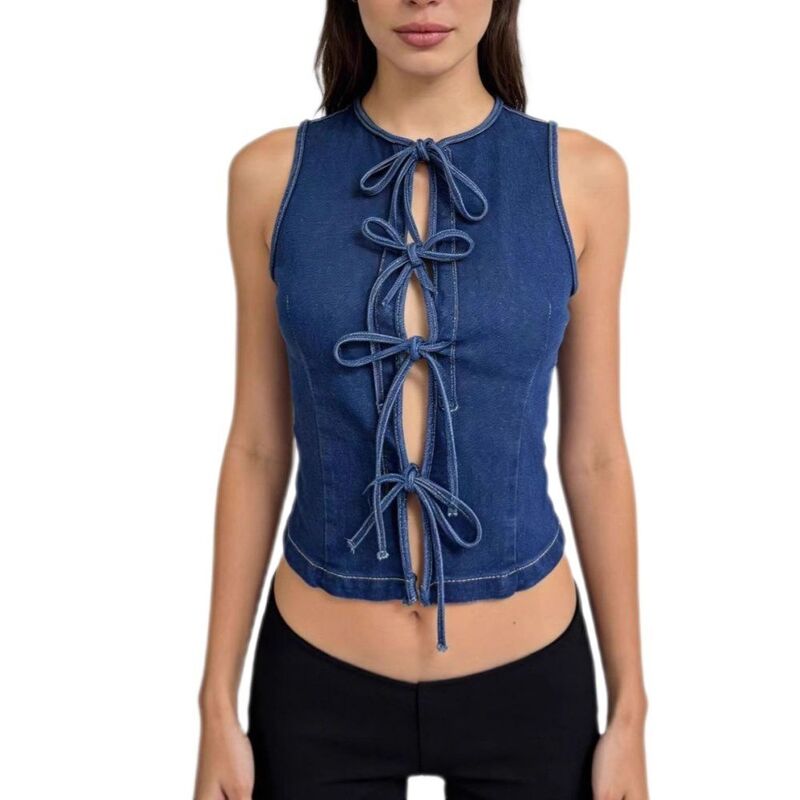エリートチョイス レディース トップス プルオーバー カットアウト より良い ノースリーブ ジーンズ Elitechoice Women\u0027s Y2K Sleeveless Denim Crop Top Bow Tie Front Cutout Fitted Casual Vest Blue 青色