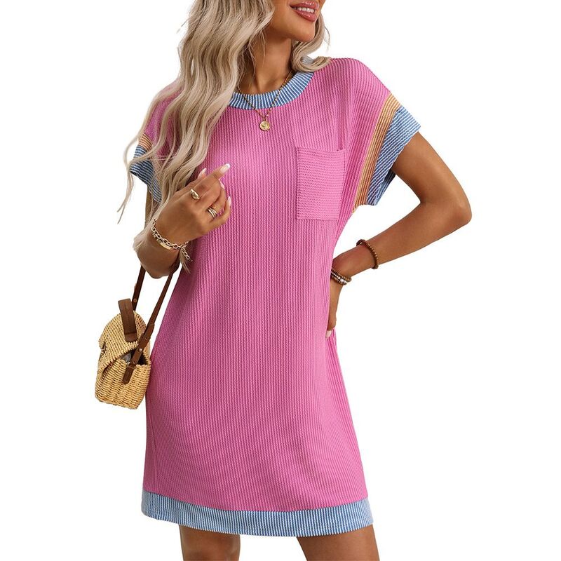 エリートチョイス レディース トップス 衣裳 肋筋 ミニ プルオーバー 編み物 Elitechoice Women\u0027short Sleeve T Shirt Dress with Pocket Color Block Ribbed Knit Loose Fit Mini Dresses Red 赤いこと