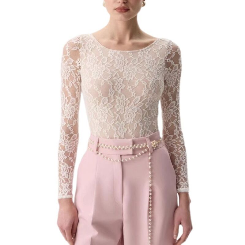 救い主流行り物 レディース トップス プルオーバー 御花柄 シアー トップ スピード競技 御花 Yesfashion Women\u0027s Floralace Long Sleeve Top Sheer Fitted Round Neck Blouse Apricot 杏