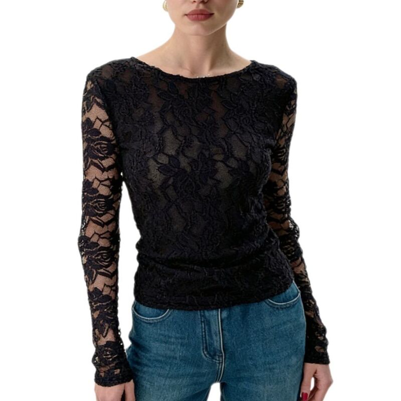 救い主流行り物 レディース トップス プルオーバー 御花柄 シアー トップ スピード競技 御花 Yesfashion Women\u0027s Floralace Long Sleeve Top Sheer Fitted Round Neck Blouse Black 黒いこと