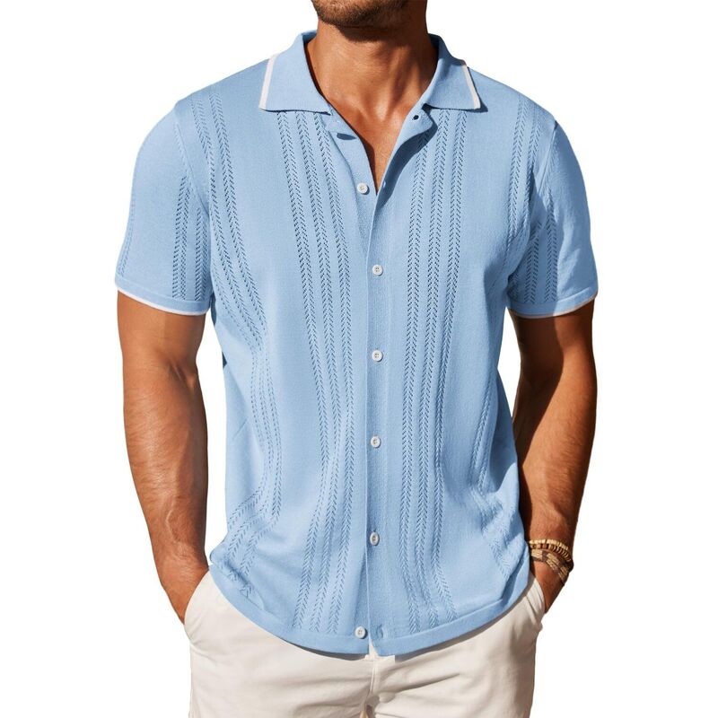 クーファンディ レディース トップス Tシャツ ボタンダウン ポロシャツ ダウン ニット COOFANDY Men' Knitted Button Down Polo Shirt Classic Short Sleeve Shirts Casual Beach Shirts Clear Blue ブルー|ReVida 店