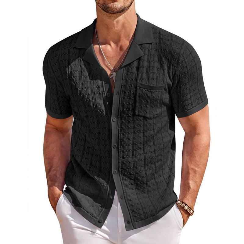 クーファンディ レディース トップス プルオーバー 名取り草落ちこむ スポーツシャツ 落ちこむ 編み物 COOFANDY Men Summer Beach Shirtshort Sleeve Knit Button Down Polo Shirts Fashion Casual Vacation Black 黒いこと