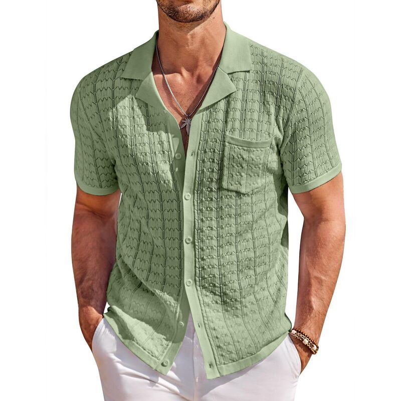 クーファンディ レディース トップス プルオーバー 名取り草落ちこむ スポーツシャツ 落ちこむ 編み物 COOFANDY Men Summer Beach Shirtshort Sleeve Knit Button Down Polo Shirts Fashion Casual Vacation Light Green 緑であること