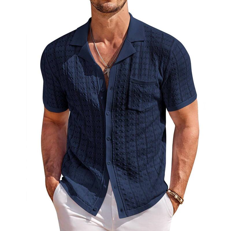 クーファンディ レディース トップス プルオーバー 名取り草落ちこむ スポーツシャツ 落ちこむ 編み物 COOFANDY Men Summer Beach Shirtshort Sleeve Knit Button Down Polo Shirts Fashion Casual Vacationavy Blue 米国海軍