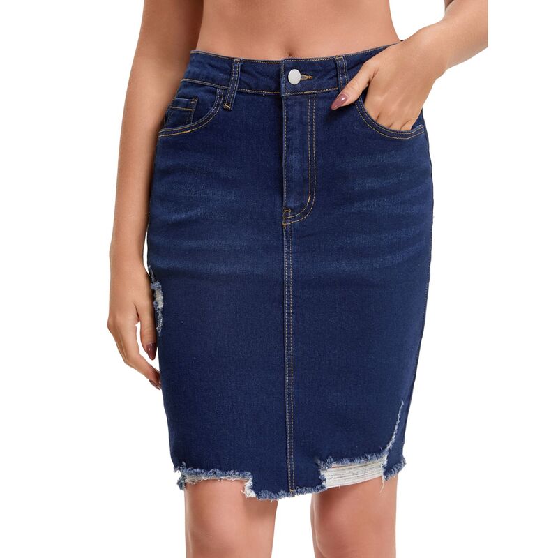 インスパイア 今めかしい レディース 下つ方スコート ジーンズ INSPIRE CHIC Women\u0027s Denim Skirt Ripped Raw Hem High Waisted Stretch Above the Knee Jean Skirts Black Blue 黒いこと