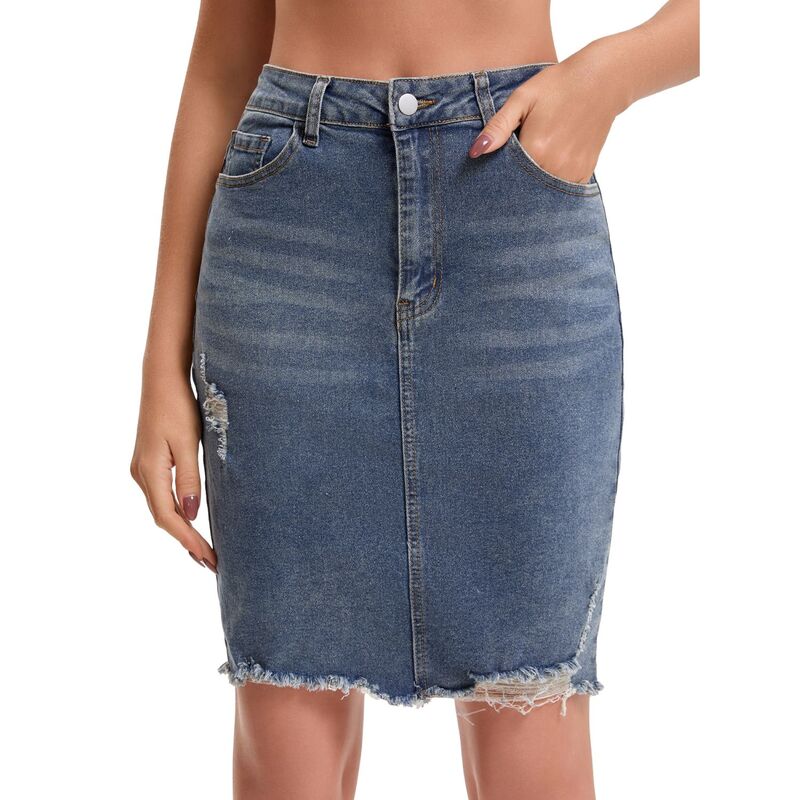 インスパイア 今めかしい レディース 下つ方スコート ジーンズ INSPIRE CHIC Women\u0027s Denim Skirt Ripped Raw Hem High Waisted Stretch Above the Knee Jean Skirts Dark Gray Blue 薄墨色