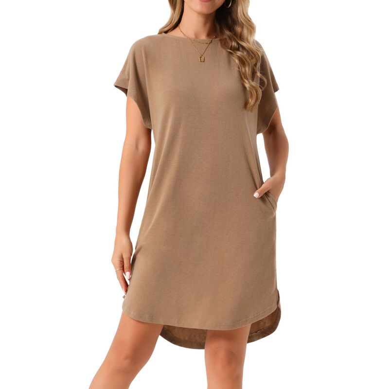 インスパイア シック レディース トップス ワンピース クルーネック ミニ Tシャツ INSPIRE CHIC Women\'summer Short Sleeve T-Shirt Dress Casual Crewneck Loose Beach Mini Dress with Pockets Brown ブラウン｜ReVida 店
