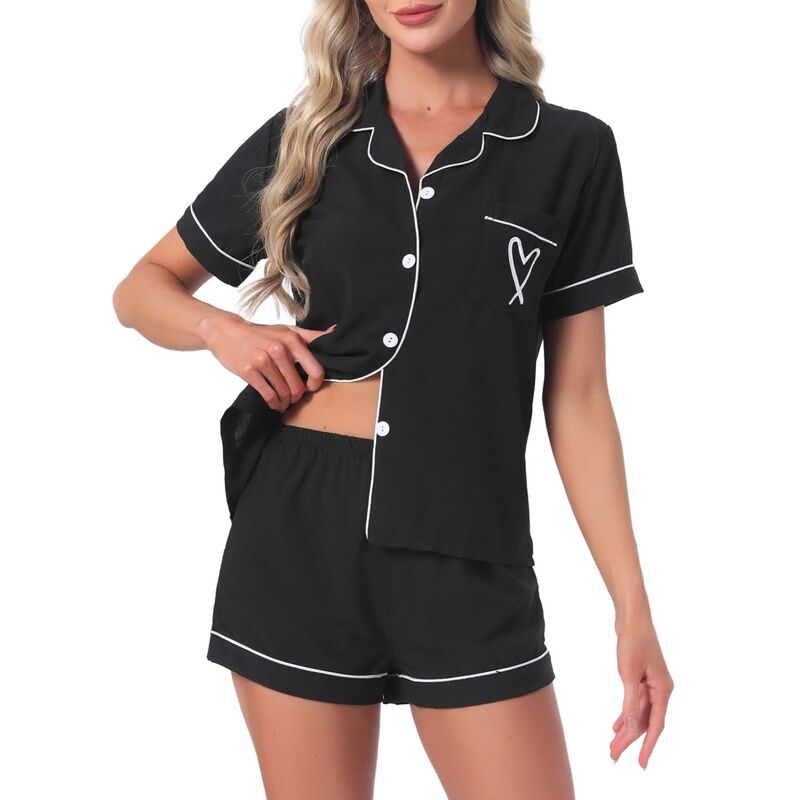 インスパイア シック レディース アンダーウェア ナイトウェア ボタンダウン プリント シャツ ショートパンツ ダウン INSPIRE CHIC Women's Pajama Set Heart Print Cute Sleepwear Short Sleeve Button Down Shirt with Shorts Lounge Sets Black ブラック｜ReVida 店