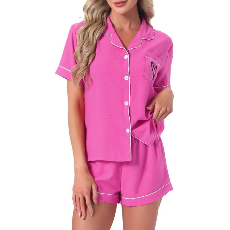インスパイア シック レディース アンダーウェア ナイトウェア ボタンダウン プリント シャツ ショートパンツ ダウン INSPIRE CHIC Women's Pajama Set Heart Print Cute Sleepwear Short Sleeve Button Down Shirt with Shorts Lounge Sets Hot Pink ピンク｜ReVida 店