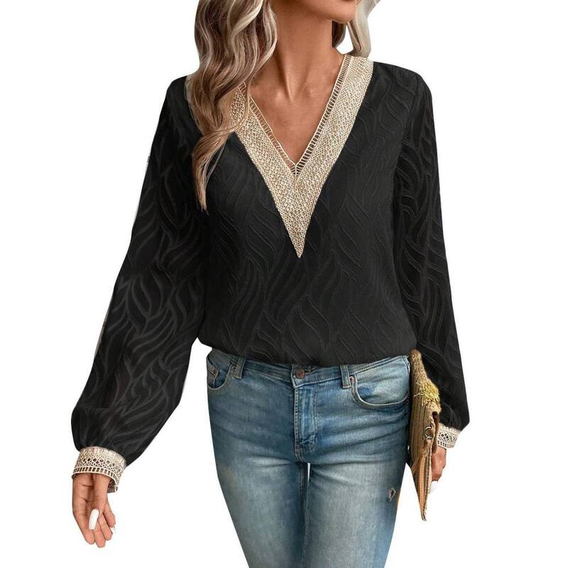 イエスファッション レディース トップス シャツ Vネック シフォン ブラウス レース Yesfashion Womens V Neck Shirts Casual Dressy Long Sleeve Lace Top Blouses Chiffon Jacquard Elegant Fall Tops Black ブラック｜ReVida 店