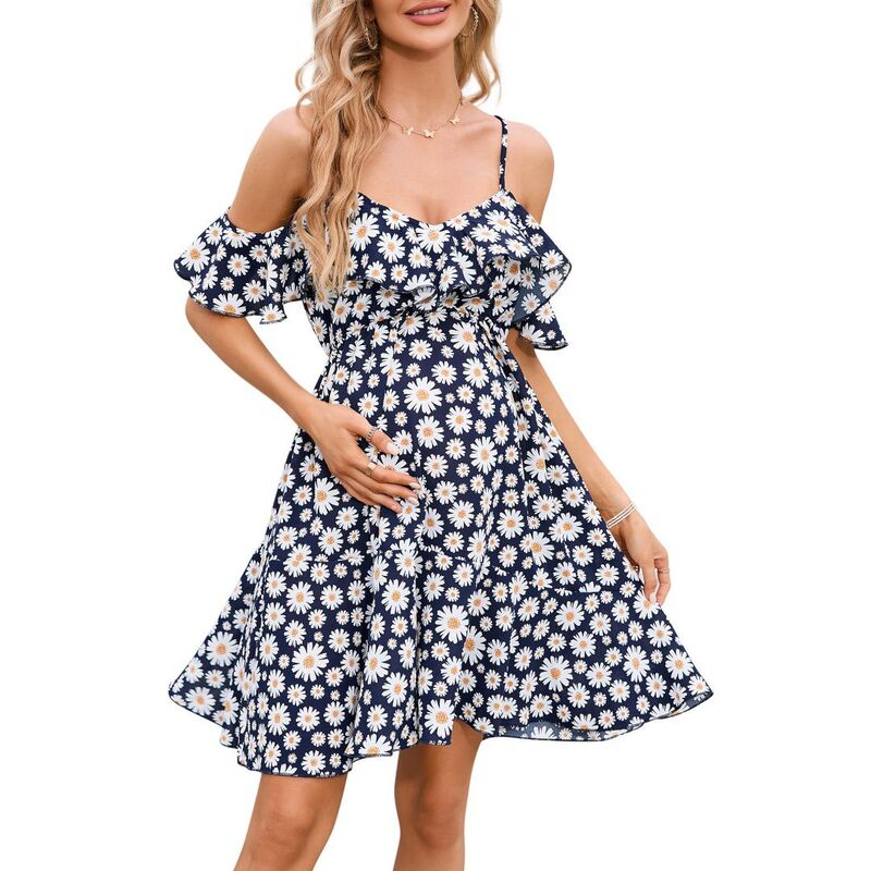 イエスファッション レディース トップス ワンピース フラワー柄 プリント フリル ミニ マタニティ フラワー Yesfashion Women's Maternity Boho Floral Print Cold Shoulder Short Sleeve Rufflelegant Mini Dresses Navy Blue ネイビー|ReVida 店