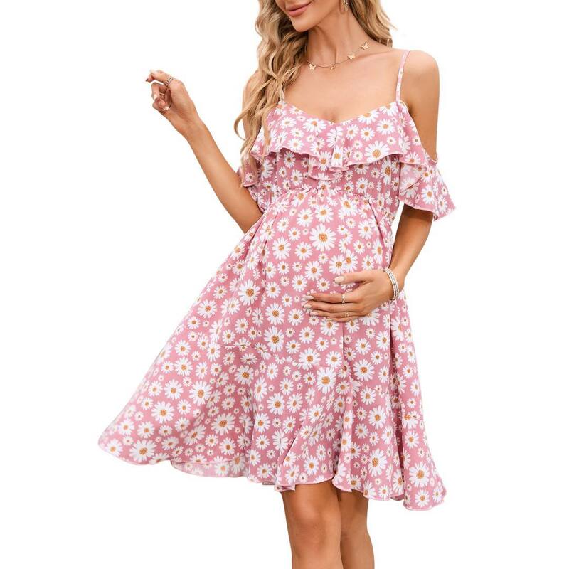 イエスファッション レディース トップス ワンピース フラワー柄 プリント フリル ミニ マタニティ フラワー Yesfashion Women's Maternity Boho Floral Print Cold Shoulder Short Sleeve Rufflelegant Mini Dresses Pink ピンク|ReVida 店