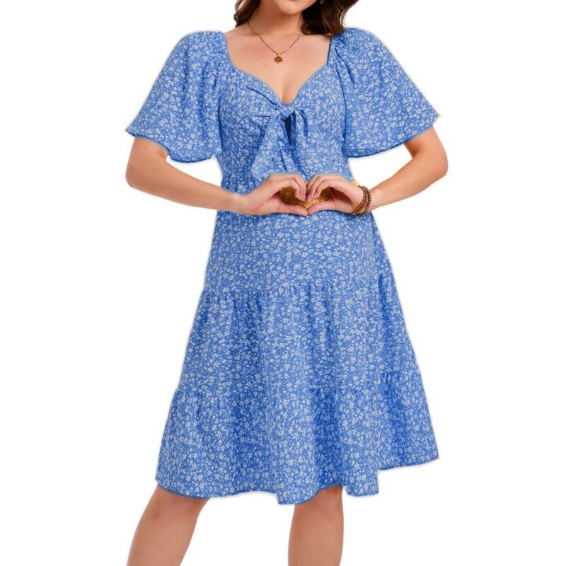 イエスファッション レディース トップス ワンピース Vネック フリル ミディ マタニティ Yesfashion Maternity Dressesummer Deep V Neck Elegant Bow tie Ruffled Hemidi Dress Blue ブルー｜ReVida 店