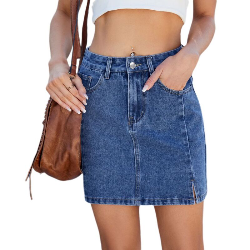 救い主流行り物 レディース 下つ方スコート 片方細長い切口 ミニ ジーンズ Yesfashion Women Jean Skirtstretchy Mini Skirt Side Slit withigh Waisted Casual Denim Skirtrendy Blue 青色