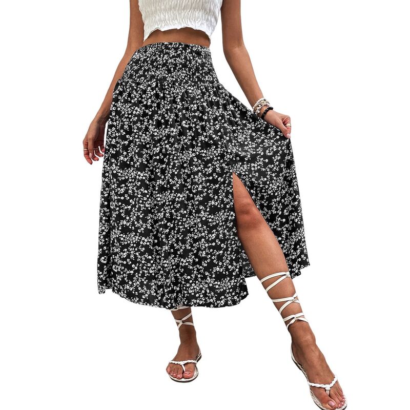 セオリア レディース 下つ方スコート 御花柄 刷り上げる MIDI 御花 Seoria Women Floral Print Midi Skirt Vacation Style Lightweight Viscose Slit Skirt Black 黒いこと