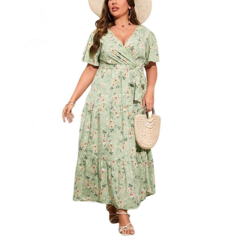 イエスファッション レディース トップス ワンピース Vネック プラスサイズ フリル ミディ Yesfashion Women Plushort Ruffle Sleeve Dress Causal Wrap V Neck Dress Flowy Midi Summer Dress Green Flower グリーン｜ReVida 店