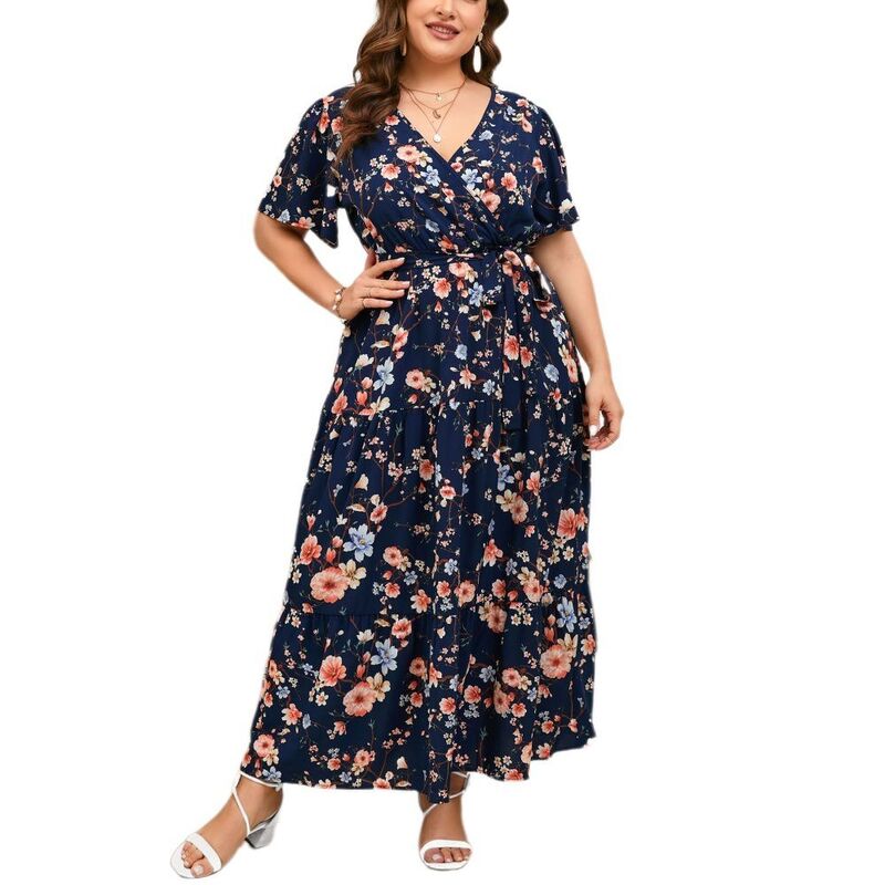 イエスファッション レディース トップス ワンピース Vネック プラスサイズ フリル ミディ Yesfashion Women Plushort Ruffle Sleeve Dress Causal Wrap V Neck Dress Flowy Midi Summer Dress Navy Blosson ネイビー｜ReVida 店
