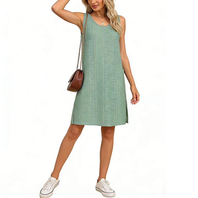 エリートスピリット レディース トップス ワンピース サイドスリット ミニ ノースリーブ EliteSpirit Women's Eyelet Sleevelesshift Dresscoop Neck Side Slit Casual Mini Dress Dark Green グリーン｜ReVida 店