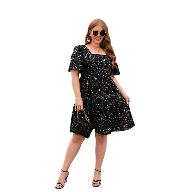 イエスファッション レディース トップス ワンピース A ライン フラワー柄 プラスサイズ プリント フラワー Yesfashion Women's Plusize Boho Floral Print Square Neck Dresses A-Line Swing Casual Party Flowy Dress Black ブラック｜ReVida 店