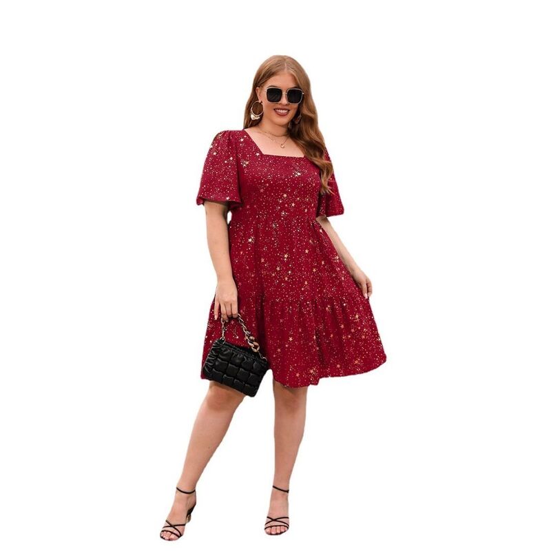 イエスファッション レディース トップス ワンピース A ライン フラワー柄 プラスサイズ プリント フラワー Yesfashion Women's Plusize Boho Floral Print Square Neck Dresses A-Line Swing Casual Party Flowy Dress Red レッド｜ReVida 店