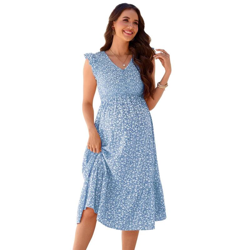 セオリア レディース トップス ワンピース フラワー柄 ミディ マタニティ フラワー Seoria Ditsy Floral Maternity Midi Dressummer Flutter Short Sleeve Long Flowy Dress for Women Light Blue Flowers ブルー｜ReVida 店