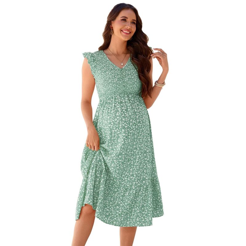 セオリア レディース トップス ワンピース フラワー柄 ミディ マタニティ フラワー Seoria Ditsy Floral Maternity Midi Dressummer Flutter Short Sleeve Long Flowy Dress for Women Light Green Flowers グリーン｜ReVida 店