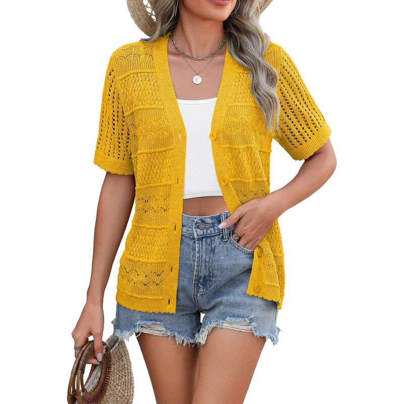 ジーグー レディース アウター 編み物・スウェーター V首っ玉 ジレー クロップド Zeagoo Women\u0027s V Neck Crochet Cropped Cardigan Short Sleeve Button Up Bolero Shrug Yellow 黄み