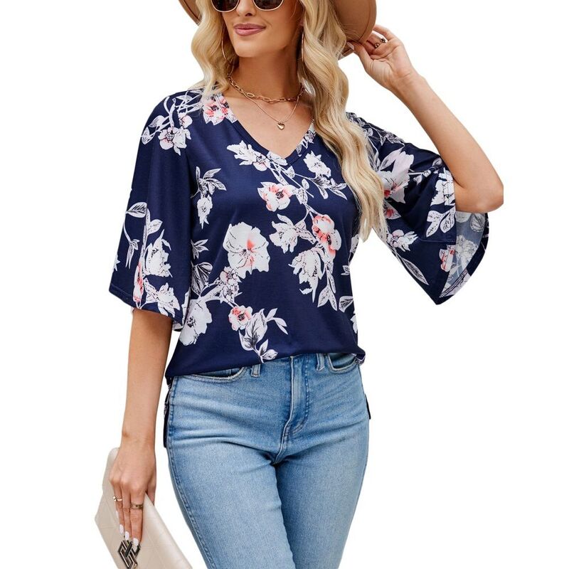 イエスファッション レディース トップス シャツ Vネック フラワー柄 ブラウス フラワー Yesfashion Women's 3/4 Bell Sleeve Blouse V Neck Floral Vacation Casual Holiday Tops Blue Flower ブルー｜ReVida 店
