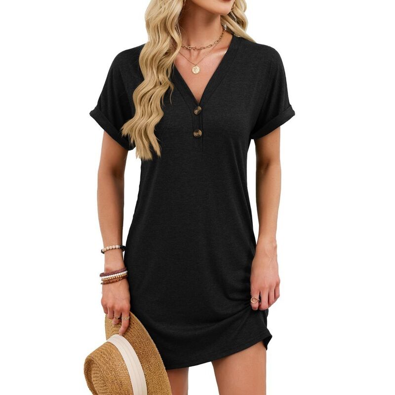 イエスファッション レディース トップス ワンピース Vネック ミニ シャツ Yesfashion Women\'s Casual T Shirt V Neck Dress Mini Sundresses Button Short Sleeve Dresses Black ブラック｜ReVida 店