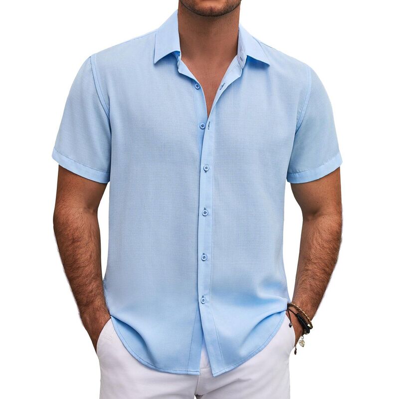 クーファンディ レディース トップス Tシャツ ボタンダウン COOFANDY Menshort Sleeve Button Down Shirt Lightweight Casual Shirts for Vacation Shirts Light Blue ブルー｜ReVida 店