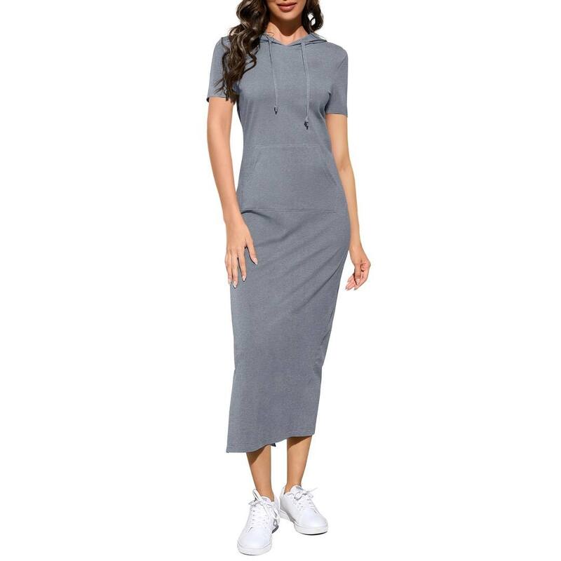 イエスファッション レディース トップス ワンピースウェット シャツ マキシ パーカー Yesfashion Women's Casual Short Sleeve Pullover Maxi Hoodie Dressweatshirt Long Dresses with Pockets Grey グレー｜ReVida 店