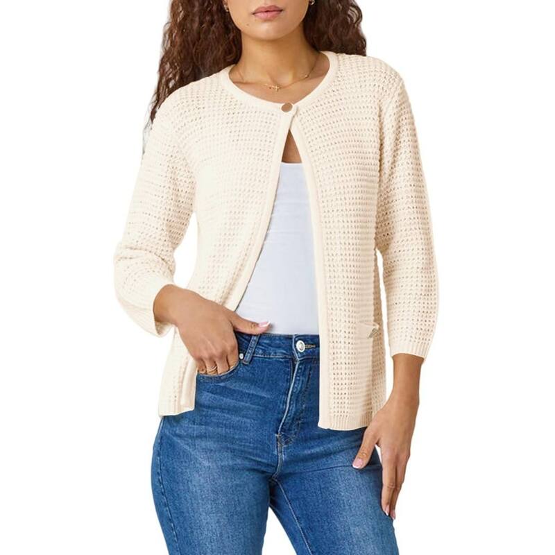 イエスファッション レディース アウター ニット・セーター カーディガン Yesfashion Women'solid Color 3/4 Sleeves Open Front Crochet Knit Cardigan Apricot アプリコット｜ReVida 店