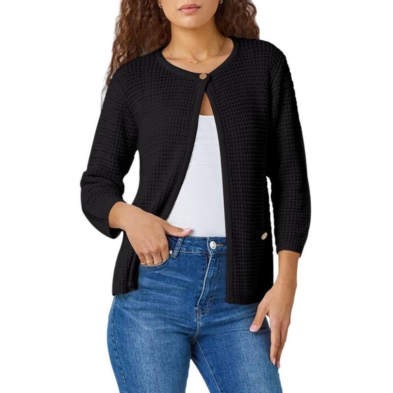 イエスファッション レディース アウター ニット・セーター カーディガン Yesfashion Women'solid Color 3/4 Sleeves Open Front Crochet Knit Cardigan Black ブラック｜ReVida 店