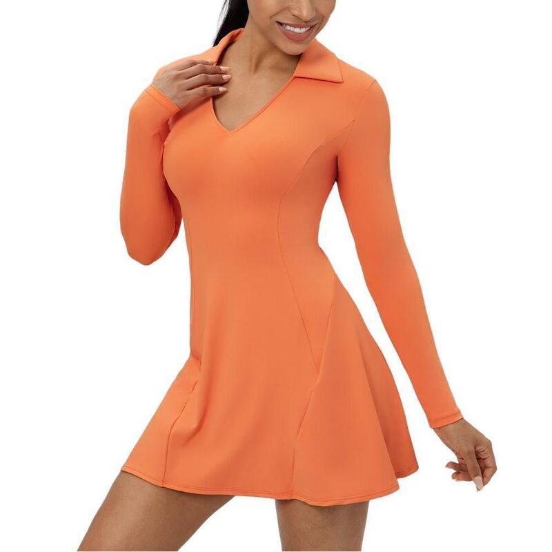 イエスファッション レディース トップス ワンピース Vネック A ライン Yesfashion Women\'s Casualong Sleeve V Neck Dresses Fit and Flare A-line Solid Color Tennis Dress Orange オレンジ｜ReVida 店
