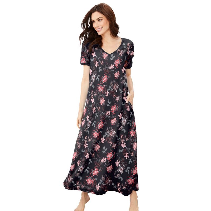 ドリームスアンドコー レディース アンダーウェア ナイトウェア Vネック プラスサイズ マキシ Dreams & Co. Plusize V-Neck Short Sleeve Maxi Lounger Black Bouquet ブラック｜ReVida 店