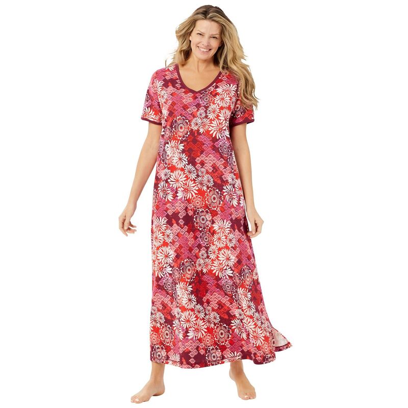 ドリームスアンドコー レディース アンダーウェア ナイトウェア Vネック プラスサイズ マキシ Dreams & Co. Plusize V-Neck Short Sleeve Maxi Lounger Pomegranate Floral｜ReVida 店