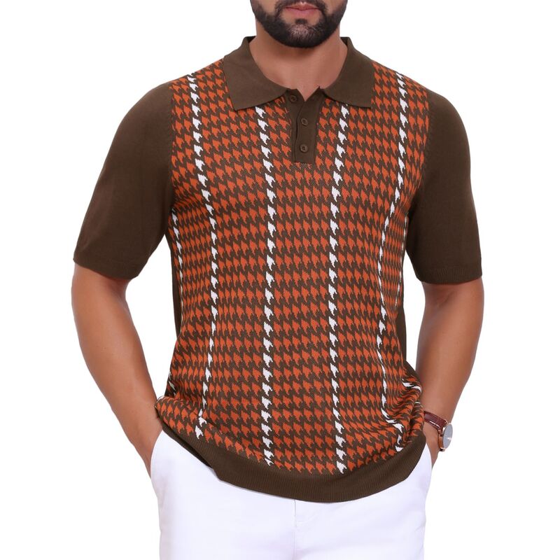 インスパイア シック レディース トップス Tシャツ ポロシャツ ニット INSPIRE CHIC Men's Houndstooth Polo Shirtsummer Short Sleeve Casual Knit Polo Shirt Brick Red レッド｜ReVida 店 9,475円