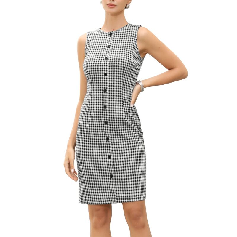 インスパイア シック レディース トップス ワンピース ミディ ノースリーブ INSPIRE CHIC Sleeveless Plaidresses for Women's Round Neck Work Office Casual Midi Dress Black ブラック｜ReVida 店