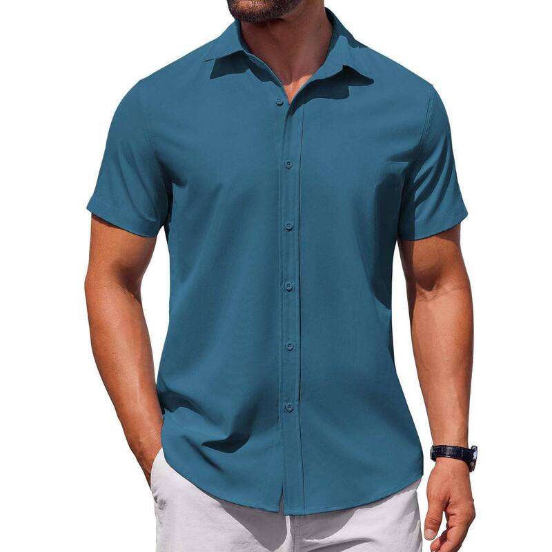 クーファンディ レディース トップス Tシャツ ボタンダウン COOFANDY Menshort Sleeve Button Down Casual Shirtsummer Untucked Business Casual Dresshirt Denim Blue デニム｜ReVida 店