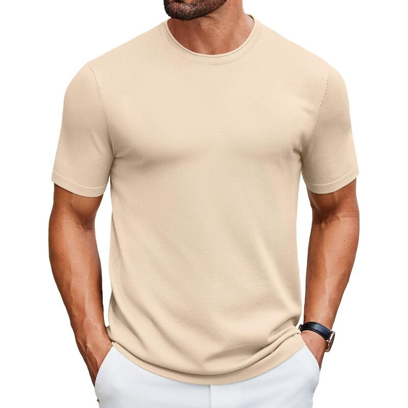 クーファンディ レディース アウター ニット・セーター クルーネック Tシャツ COOFANDY Knit Shirt for Men Casual Crewneck Solid Color Pullover Tees Basic Short Sleeve Tops Light Khaki カーキ|ReVida 店
