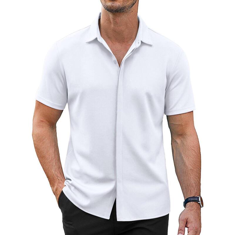 クーファンディ レディース トップス Tシャツ ボタンダウン COOFANDY Menshort Sleeve Dresshirts Untucked Button Down Shirt Casual Stretch Shirt White ホワイト｜ReVida 店