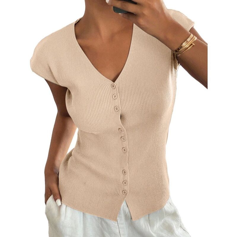 エリートスピリット レディース アウター ニット・セーター ボタンダウン リブ シャツ カーディガン ダウン ブラウス EliteSpirit Womenshort Sleeve Slim Fitted Shirts Button Down Blouses Y2k Ribbed Tops Cardigan Beige ベージュ｜ReVida 店