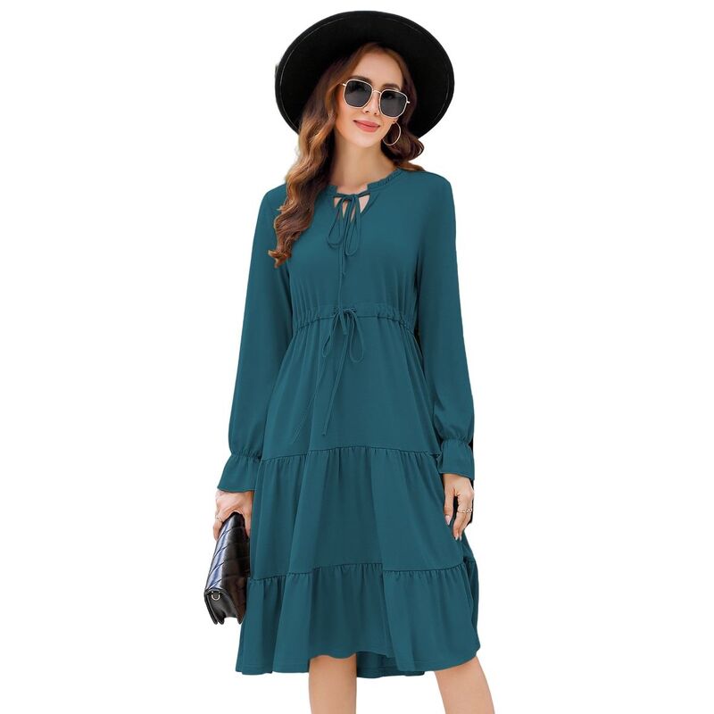 【送料無料】 エリートスピリット レディース ワンピース トップス Women Tie V Neck Ruffle Long Sleeve Floral Print Dress A-Line Drawstring Waist Swing Midi Dress Dark Green｜ReVida 店