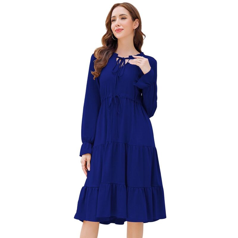 【送料無料】 エリートスピリット レディース ワンピース トップス Women Tie V Neck Ruffle Long Sleeve Floral Print Dress A-Line Drawstring Waist Swing Midi Dress Navy Blue|ReVida 店