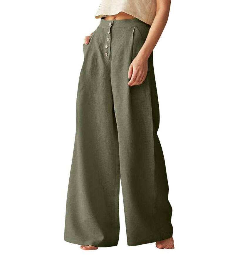 クリアラブ レディース ボトムス カジュアルパンツ ワイドレッグ コットン リネン Clearlove Women'summer High Waisted Cotton Linen Palazzo Wide Leg Casual Pants with Pockets Green グリーン｜ReVida 店