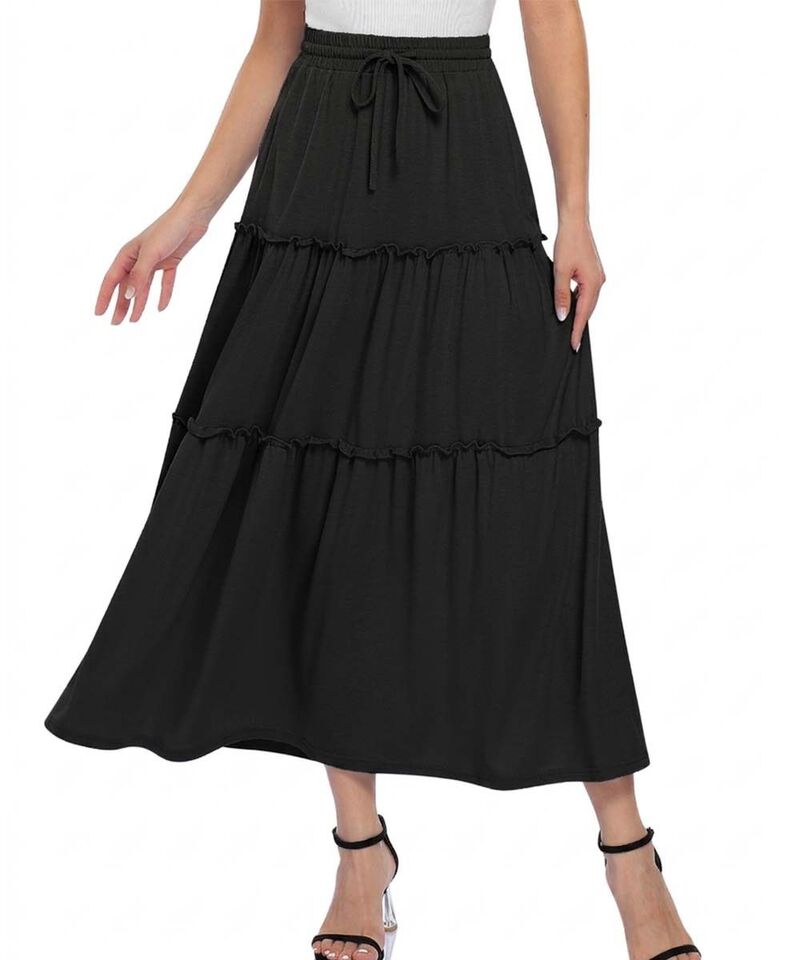 クリアラブ レディース 下つ方スコート フラウンス裾 御機嫌酉の方角 フラウンス マキシ Clearlove Women\u0027s High Waist Maxi Skirt Ruffle Hem Drawstring Casual Skirt Black 黒いこと